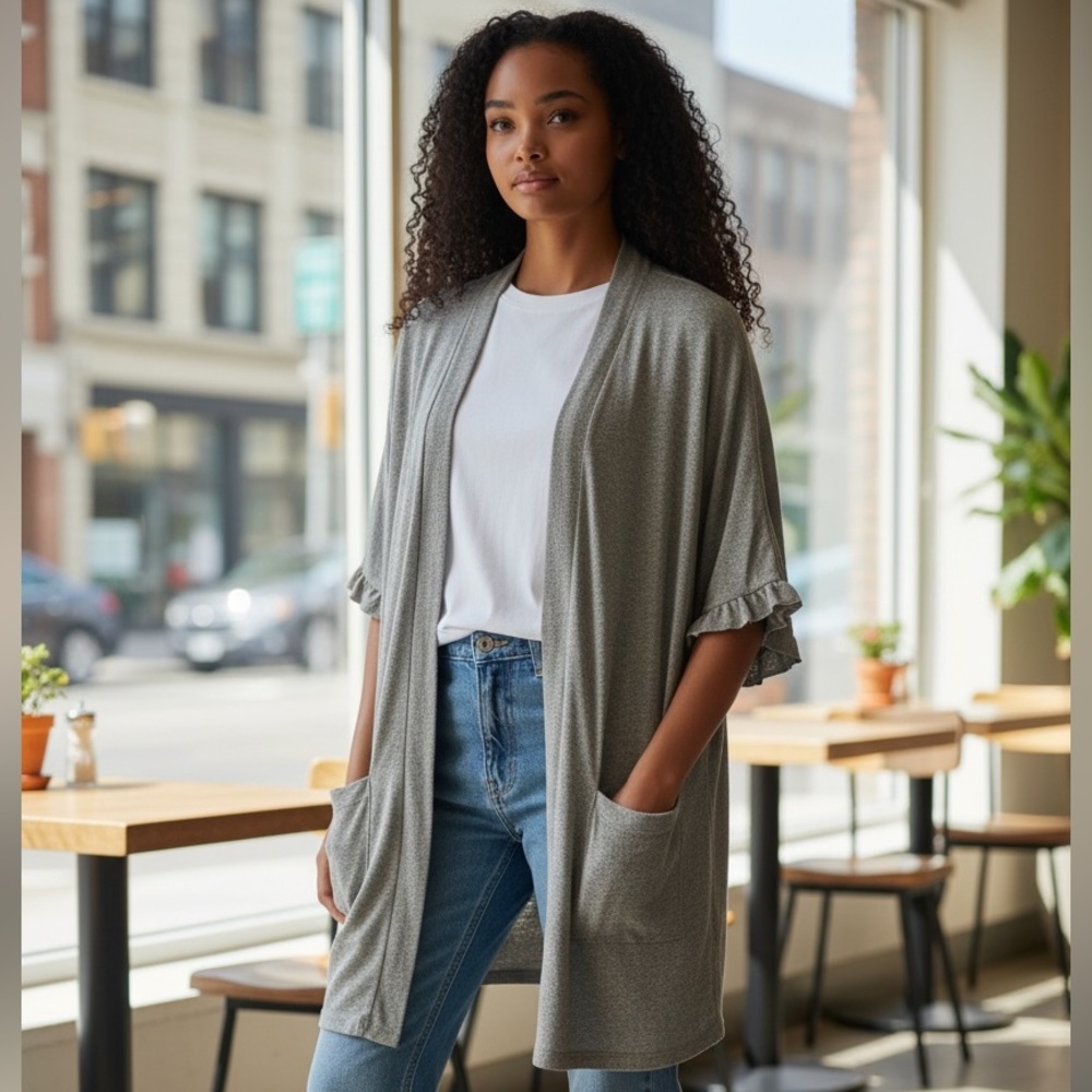 Simple Suzanne Betro Ruffled Short Sleeve Long Cardigan w/ Pockets
